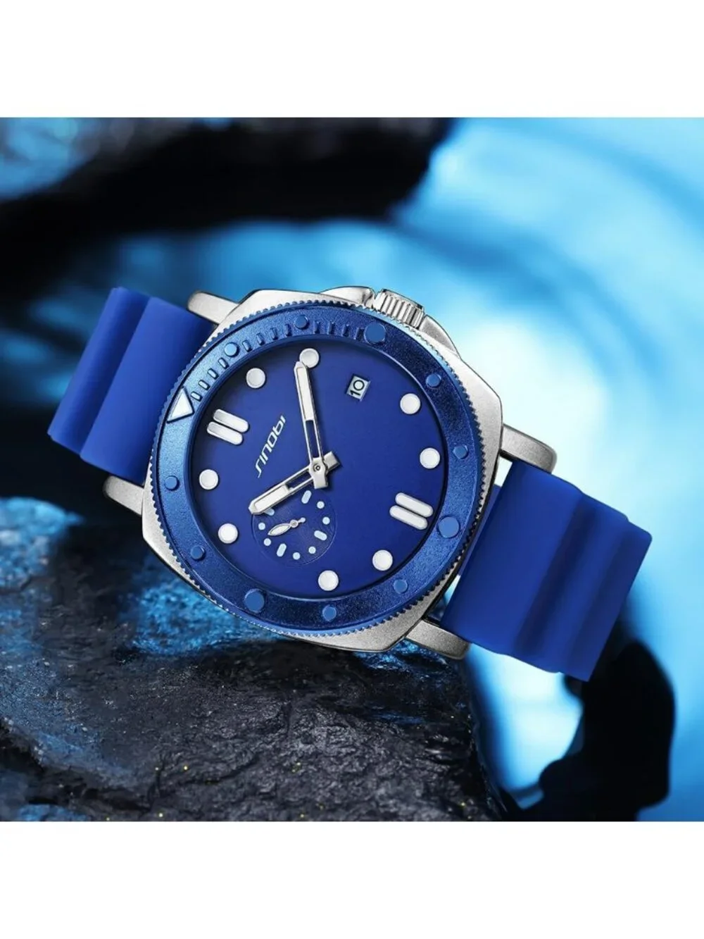 Men's Blue Analog Silicone Strap Water Resistant Rotating Bezel Wrist Watch